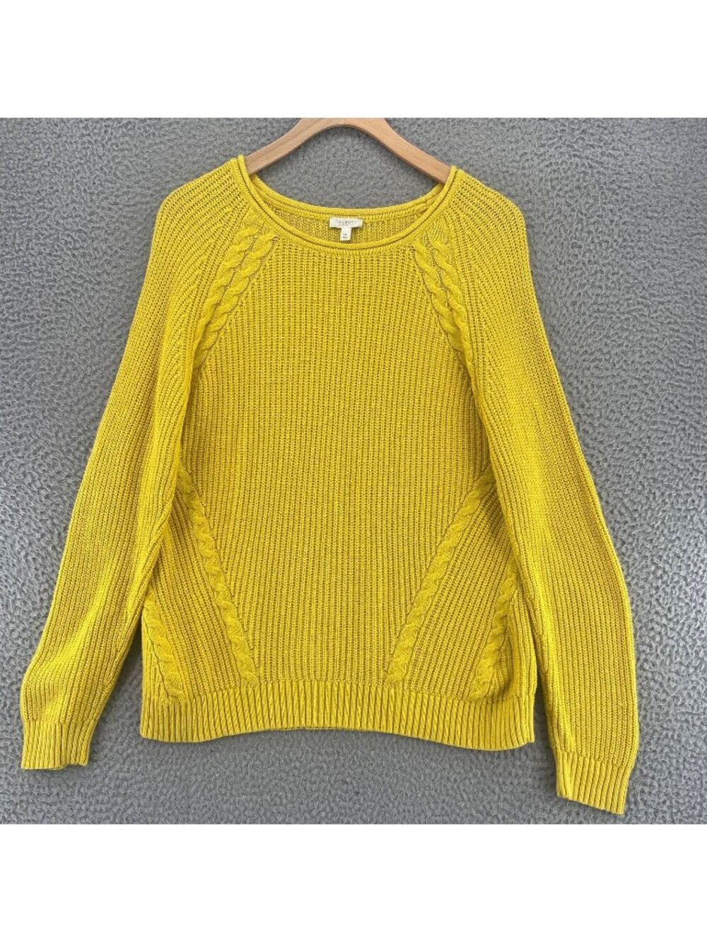Talbots Sweater Womens Medium Petite Yellow Cable Knit Stretch Raglan Sleeves